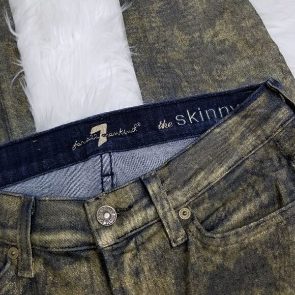 7FAM 7 For All Mankind Womens Size 27 Floral Print Skinny Jeans in Gold Metallic - Picture 5 of 7